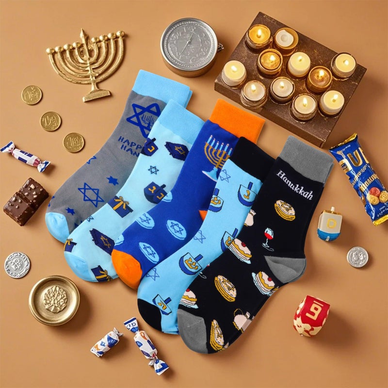 Jeasona Mens Funny Fun Crazy Funky Dress Crew Socks Gifts for Men Dad Grandpa (Multicolored Hanukkah Gifts 5 Pairs) - Image 2