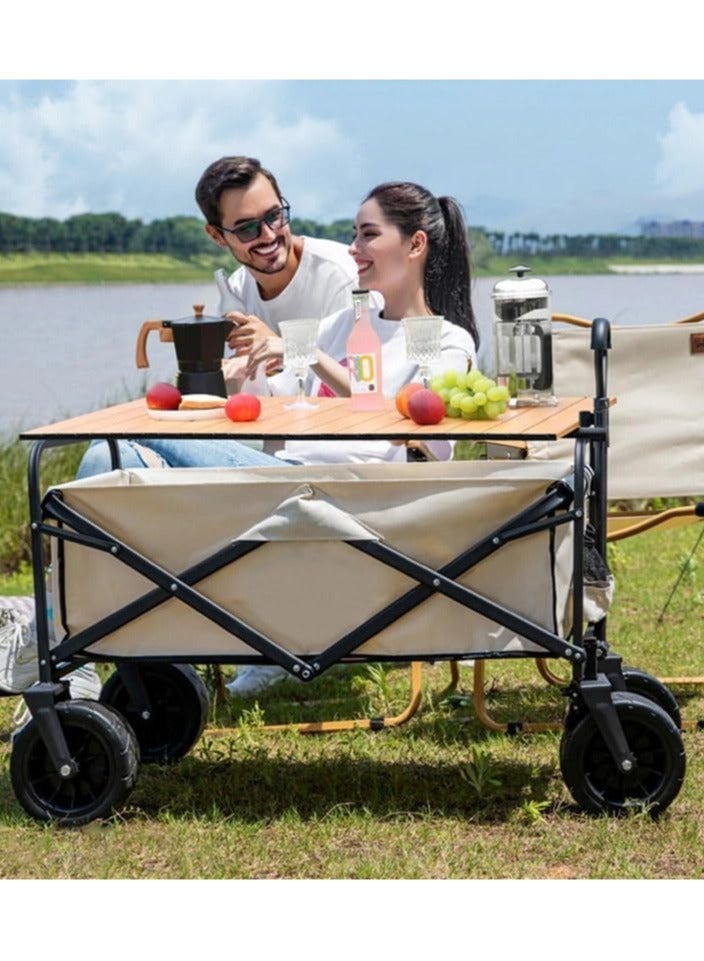 Heavy Duty Shopping Trolley Folding Multi-Functional Utility Wagon Beach Trolley Storage Basket Outdoor Camping Double Layer cloth cover with Adjustable Handle Terrain 8 Inch Wide Wheels (BEIGE) - Image 2