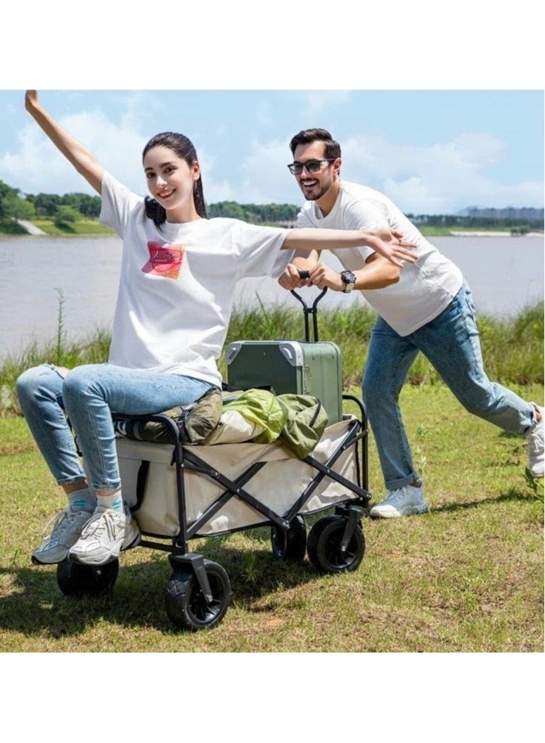 Heavy Duty Shopping Trolley Folding Multi-Functional Utility Wagon Beach Trolley Storage Basket Outdoor Camping Double Layer cloth cover with Adjustable Handle Terrain 8 Inch Wide Wheels (BEIGE) - Image 3