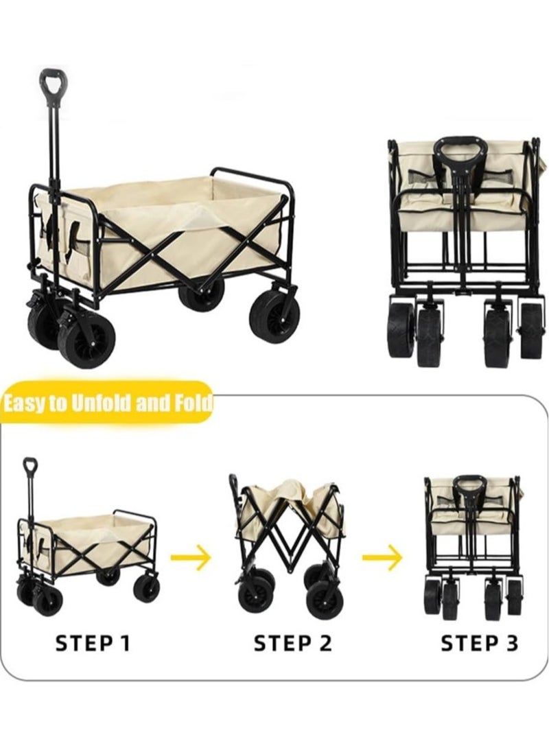 Heavy Duty Shopping Trolley Folding Multi-Functional Utility Wagon Beach Trolley Storage Basket Outdoor Camping Double Layer cloth cover with Adjustable Handle Terrain 8 Inch Wide Wheels (BEIGE) - Image 4