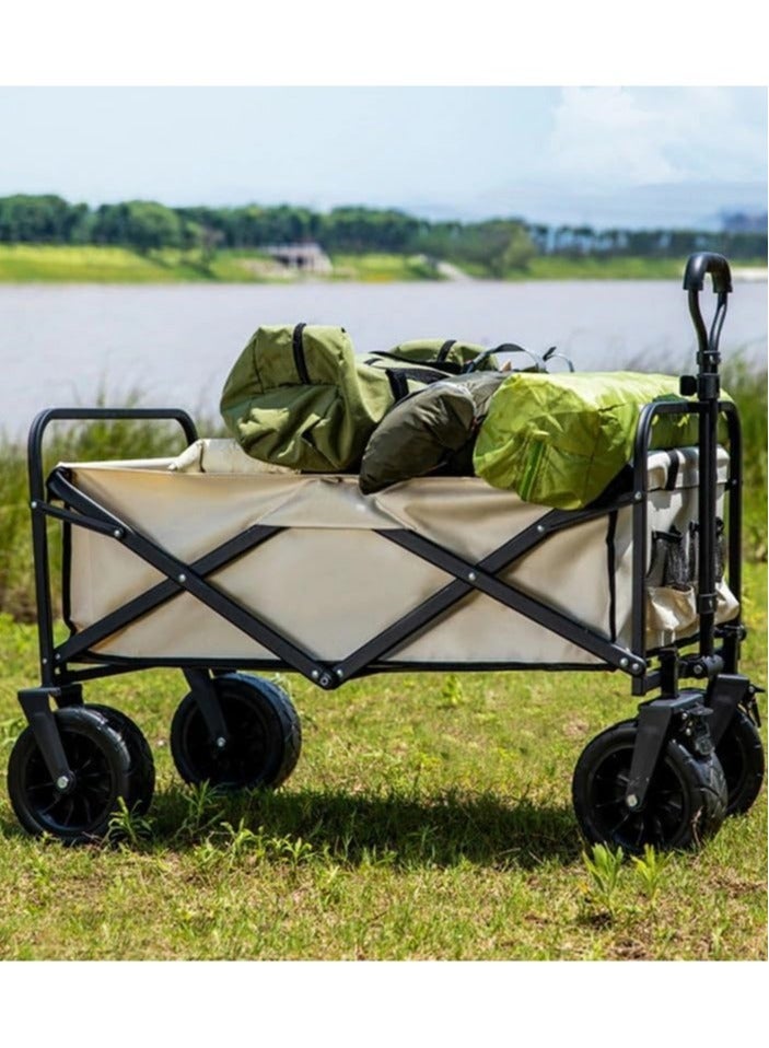 Heavy Duty Shopping Trolley Folding Multi-Functional Utility Wagon Beach Trolley Storage Basket Outdoor Camping Double Layer cloth cover with Adjustable Handle Terrain 8 Inch Wide Wheels (BEIGE) - Image 1