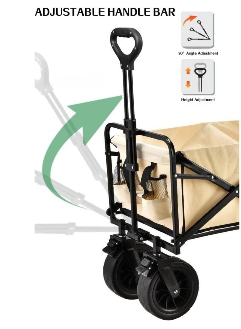 Heavy Duty Shopping Trolley Folding Multi-Functional Utility Wagon Beach Trolley Storage Basket Outdoor Camping Double Layer cloth cover with Adjustable Handle Terrain 8 Inch Wide Wheels (BEIGE) - Image 5