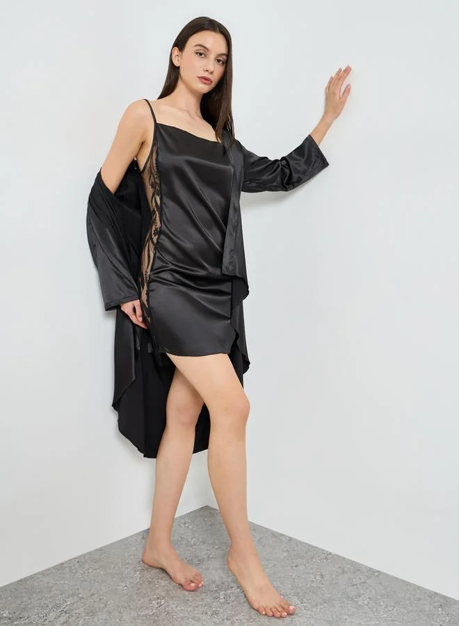 Take Two Black Side Lace Mesh Detail Slip and Robe Set