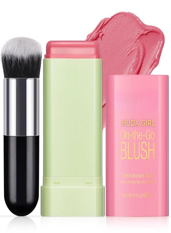 HUDA GIRL Blush Stick with Blendable Brush - Shy Pink Multi-Use Cream Blusher for Cheeks, Eyes & Lips Travel-Friendly Blush for Natural Glow, Smooth Blend & Radiant Finish