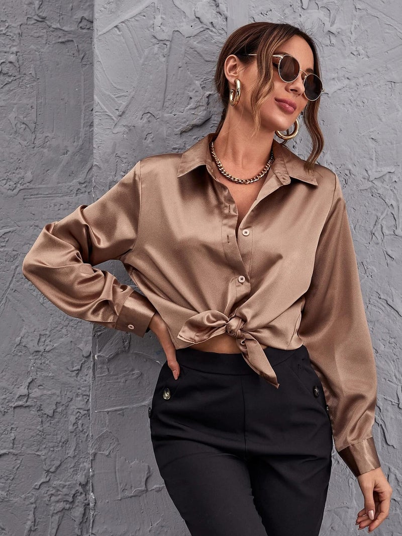 Bowrain Satin Silk Fabric Full Sleeve Top Regular Fit Shirt For Women And Girl, (Brown), (Medium) - Image 2