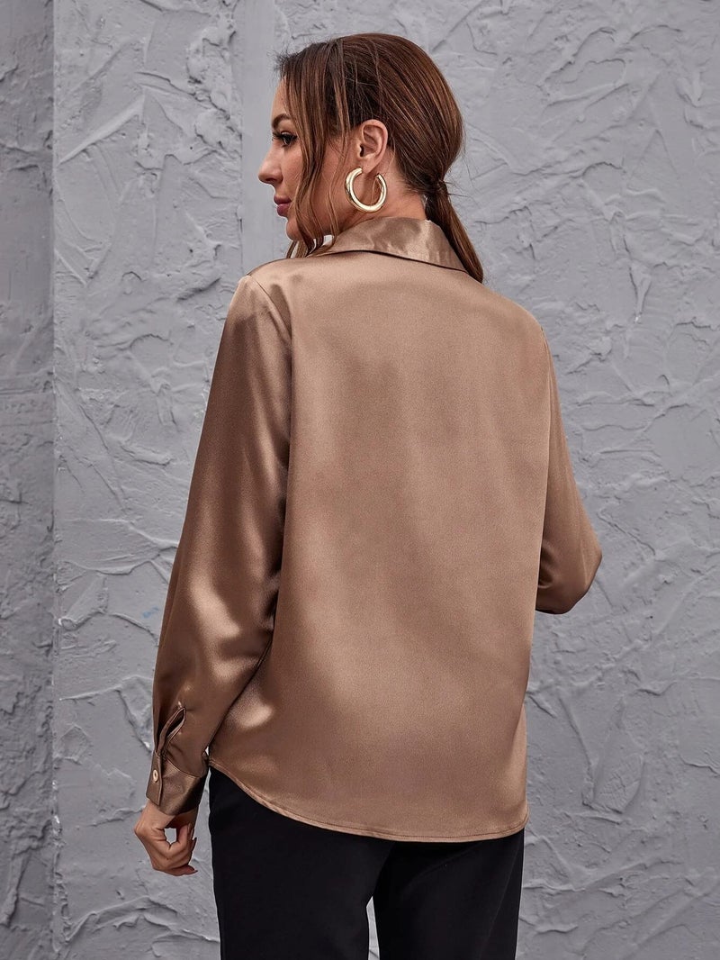 Bowrain Satin Silk Fabric Full Sleeve Top Regular Fit Shirt For Women And Girl, (Brown), (Medium) - Image 3