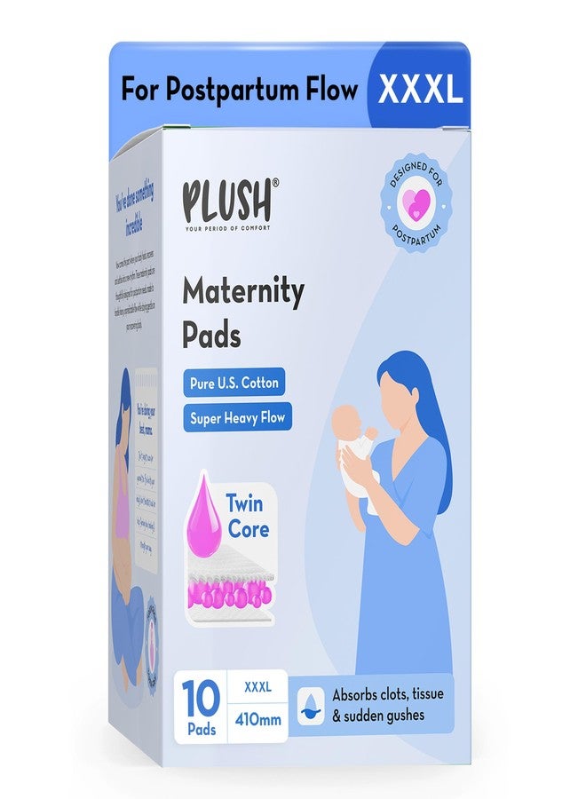 Plush Maternity Pads after Delivery, 10 Pcs (410 mm) | Twin Core Absorption XXXL Pads | For Postpartum Bleeding, Absorbs Heavy Gushes & Clots | U.S. Cotton Softness | Breathable & Rash-Free | Safe for Healing Skin - Image 1