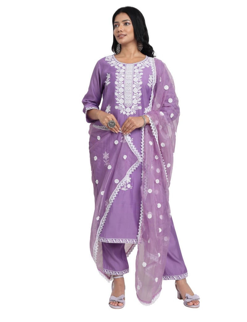 Kaari Women's Solid Color Kurta Set with Dupatta - Straight Fit | Silk Blend Fabric | Placement Embroidery on Neck | Organza Dupatta with Booti Work | Straight Pant with Side Pocket & Hem Embroidery - Image 5