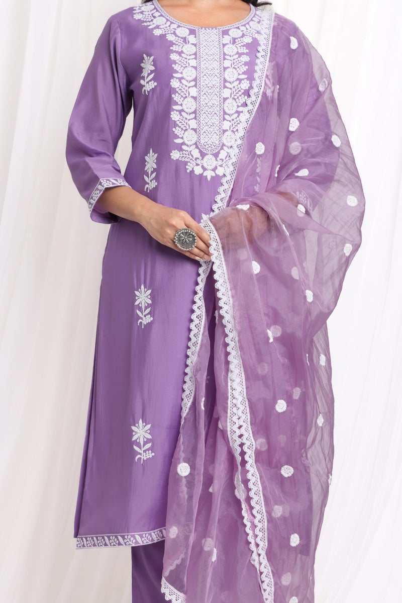 Kaari Women's Solid Color Kurta Set with Dupatta - Straight Fit | Silk Blend Fabric | Placement Embroidery on Neck | Organza Dupatta with Booti Work | Straight Pant with Side Pocket & Hem Embroidery - Image 2