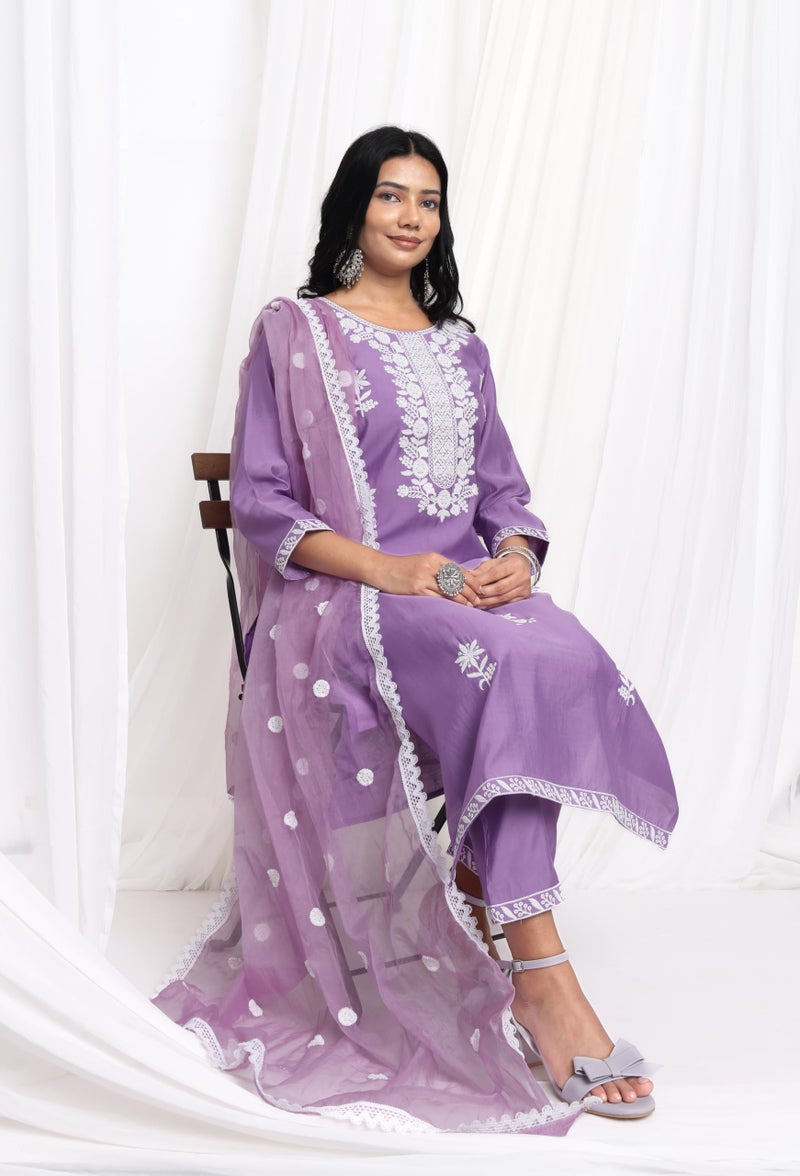 Kaari Women's Solid Color Kurta Set with Dupatta - Straight Fit | Silk Blend Fabric | Placement Embroidery on Neck | Organza Dupatta with Booti Work | Straight Pant with Side Pocket & Hem Embroidery - Image 3