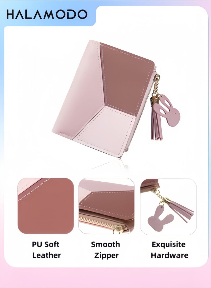 Halamodo Women's Zipper Wallet with Tassel Small Purse with Metal Snap Button Portable Leather Wallet Multifunction Bifold Wallets Credit Card Holder Wallet for Girls - Image 1