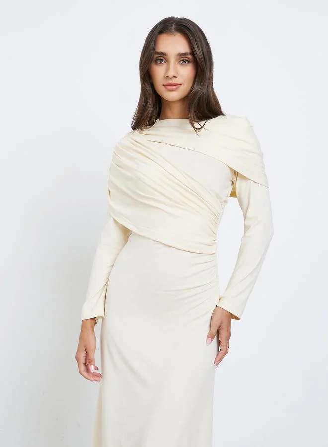 Styli Cream Maxi Evening Dress with Drape Detail