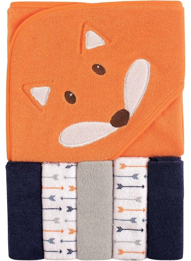 Luvable Friends Unisex Baby Hooded Towel with Five Washcloths, Boy Fox, One Size - Image 1