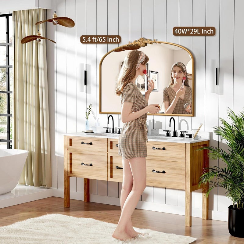 Besdomus Antique Arched Gold Mirror: 40"x29" Large Gleaming Gold Vintage Wall Mounted Mirror - Baroque Traditional Ornate for Bedroom/Bathroom/Fireplace/Entryway - Home Decor for Homemakers - Image 3