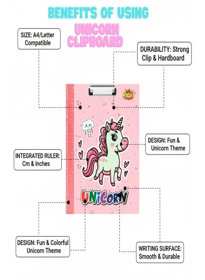 Right Unicorn A4 Kids Clipboard with Built-in Scale - Cute Pink Unicorn Design Writing Pad | Strong Exam Board for School Use & Study | Durable Clipboard for Girls (Pink) - Image 2