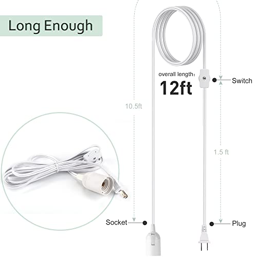 JACKYLED Extension Hanging Lantern Cord Cable UL 2-Pack 12Ft 360W with E26 E27 Socket Gear Switch + Hooks + 2-Prong US AC Power Plugs, Extra Lighting for Garage, Closet, Dark Corner, Plants - Image 2