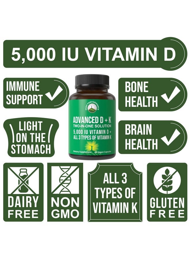 Peak Performance Advanced Vitamin D 5000 IU with All 3 Types of Vitamin K Vitamin D3 and Vitamin K2, K1, MK-7 (MK7), MK4 Supplement. 60 Small and Easy to Swallow Vegetable Pills (5000 IU) - Image 3