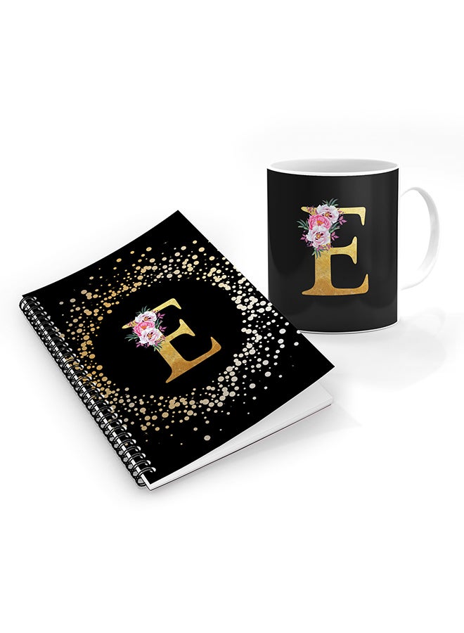 Stylizedd Printed Coffee Mug + A5 Spiral Notebook Memo Personalised Combo Gift Set Custom Monogram Initial Letter Floral Pattern Alphabet -  E (Black)