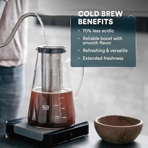 OVALWARE Airtight Cold Brew Iced Coffee Maker Pitcher and Tea Infuser with Spout - 1.0L / 34oz Ovalware RJ3 Brewing Glass Carafe with Removable Stainless Steel Filter - Image 3