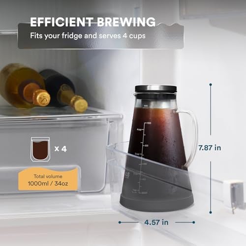OVALWARE Airtight Cold Brew Iced Coffee Maker Pitcher and Tea Infuser with Spout - 1.0L / 34oz Ovalware RJ3 Brewing Glass Carafe with Removable Stainless Steel Filter - Image 2