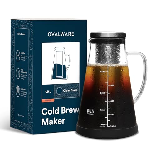 OVALWARE Airtight Cold Brew Iced Coffee Maker Pitcher and Tea Infuser with Spout - 1.0L / 34oz Ovalware RJ3 Brewing Glass Carafe with Removable Stainless Steel Filter - Image 1