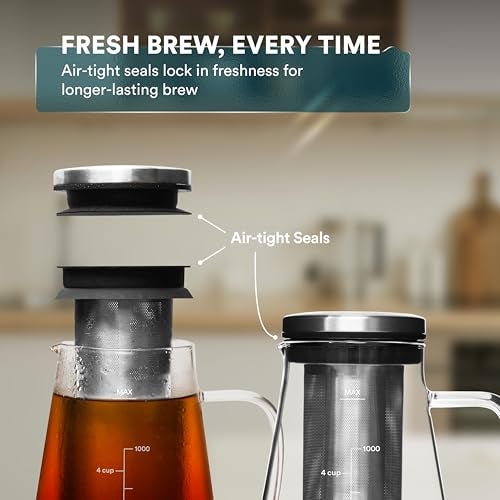 OVALWARE Airtight Cold Brew Iced Coffee Maker Pitcher and Tea Infuser with Spout - 1.0L / 34oz Ovalware RJ3 Brewing Glass Carafe with Removable Stainless Steel Filter - Image 4