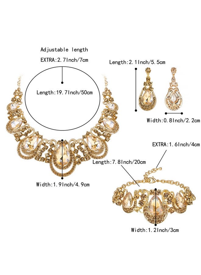 بريلوف طقم مجوهرات نسائي مكون من عقد على شكل دمعة من الكريستال وأقراط متدلية مجوفة وسلسلة وسوار على شكل صدرية لحفلات الزفاف والعروس ووصيفات العروس باللون الذهبي الفاتح - Image 4