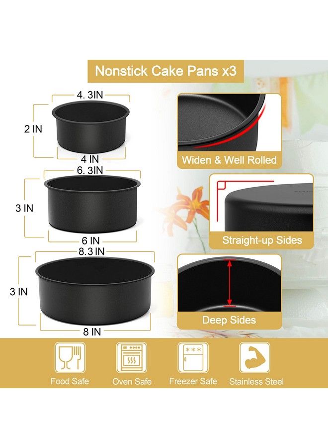E-far طقم قوالب كعك عميقة من 3 (4/6/8 بوصة) قوالب كعك دائرية غير لاصقة من الفولاذ المقاوم للصدأ للخبز كعك الزفاف بطبقة غير سامة ونواة من الفولاذ المقاوم للصدأ جوانب عميقة ومستقيمة - Image 5