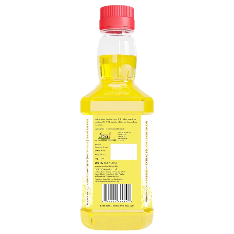 IndicWisdom Wood Pressed Sweet Almond Oil 200 ml Cold Pressed Sweet Almond Oil Extracted on Wooden Churner - Image 2