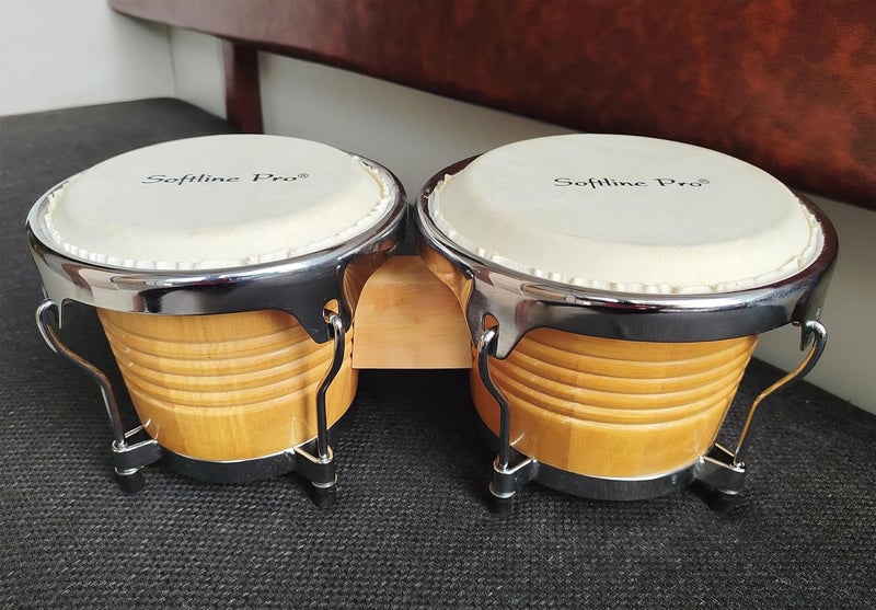 Softline Pro Premium Natural Bongo Drum Set with Padded Bag and Tuning Key/Wrench Professionals Wooden Bongos Drum for Beginner Adults Kids Bongo Drum Percussion Instrument (SP BNG NT-L- SP) - Image 2