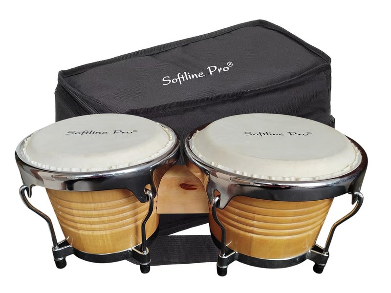 Softline Pro Premium Natural Bongo Drum Set with Padded Bag and Tuning Key/Wrench Professionals Wooden Bongos Drum for Beginner Adults Kids Bongo Drum Percussion Instrument (SP BNG NT-L- SP) - Image 1