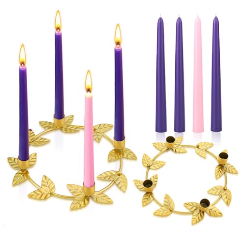 Threehoney Christmas Advent Wreath Candle Holder with 4 Candles Set Advent Wreath Ring Metal Ring Candle Stand Purple Pink 10 x 78 Taper Candles for Christmas Home Church Table Centerpiece DecorGold - Image 1