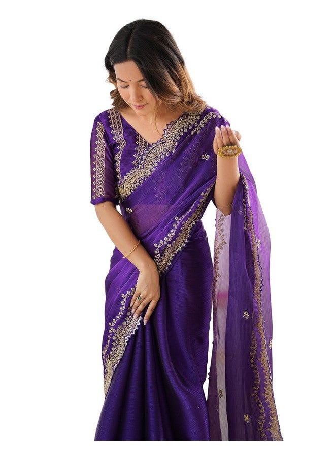 SIRIL Women's Shimmer Chiffon Sequence Embroidery Scalloped Border Saree With Unstitched Blouse Piece (4317S167_Purple) - Image 1
