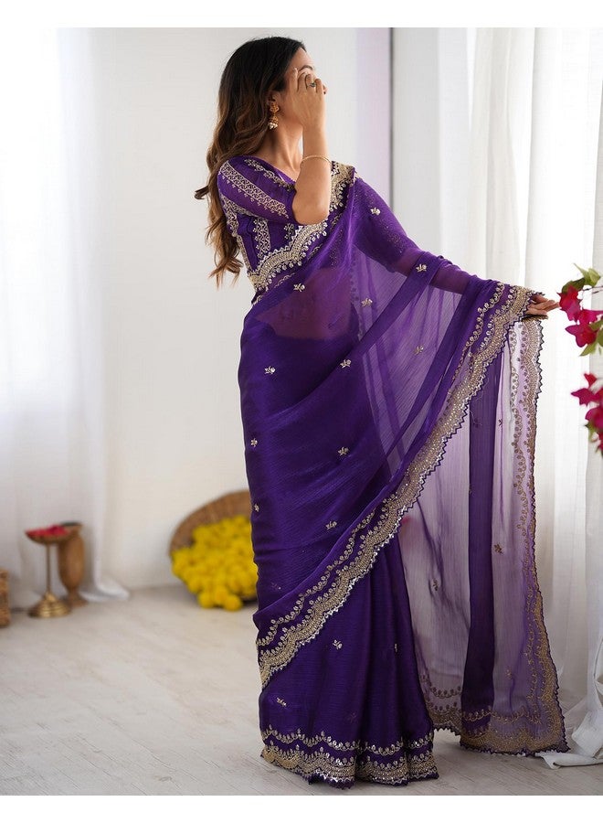 SIRIL Women's Shimmer Chiffon Sequence Embroidery Scalloped Border Saree With Unstitched Blouse Piece (4317S167_Purple) - Image 4
