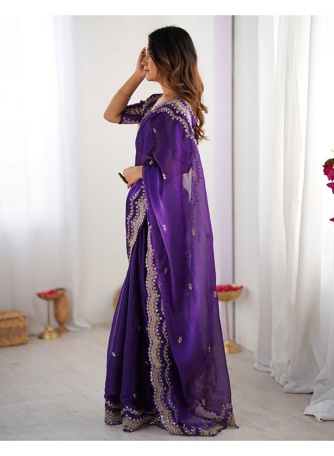 SIRIL Women's Shimmer Chiffon Sequence Embroidery Scalloped Border Saree With Unstitched Blouse Piece (4317S167_Purple) - Image 2