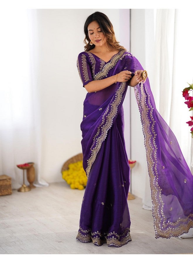 SIRIL Women's Shimmer Chiffon Sequence Embroidery Scalloped Border Saree With Unstitched Blouse Piece (4317S167_Purple) - Image 5