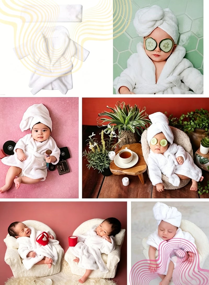 Newborn Baby Photography Props Set, 0–6 Months Infant Hooded Towels Bathrobe Towel  Combo, Baby Cute Towel with Hair Towel Wrap, Baby Photo Outfit Accessories, Baby Bath Towels Set Suitable for Boys & Girls (White) - Image 2