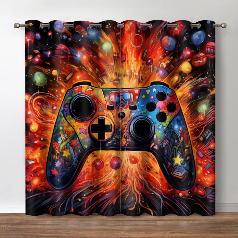 Jekeno Gaming Blackout Curtains Colorful Video Game Graffiti Gamepad Print Drapes Decor Playroom Bedroom Home Apartment Living Room Darkening Grommet Window Treatments 2 Panels Set 52x84 Inch - Image 1