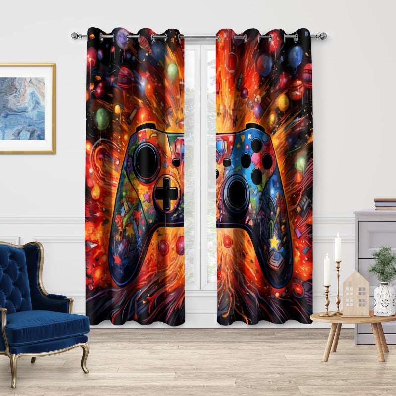 Jekeno Gaming Blackout Curtains Colorful Video Game Graffiti Gamepad Print Drapes Decor Playroom Bedroom Home Apartment Living Room Darkening Grommet Window Treatments 2 Panels Set 52x84 Inch - Image 2