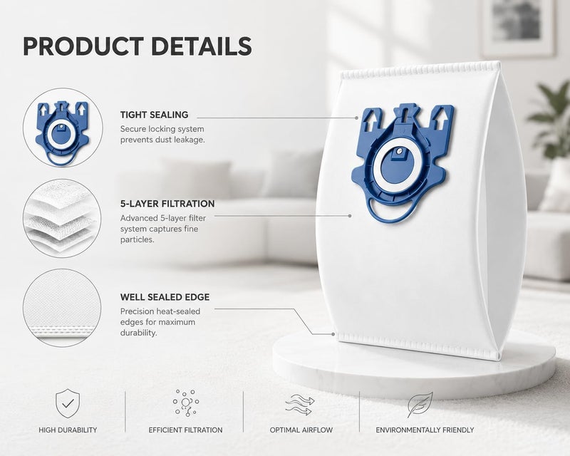 Bluearks 14 حقيبة من أكياس المكنسة الكهربائية ثلاثية الأبعاد Airclean GN، متوافقة مع سلسلة Miele Classic C1 وComplete C1 وC2 وC3 وS400i وS600 وS2 وS5 وS8، مع 4 مرشحات MP و4 مرشحات AC - Image 5