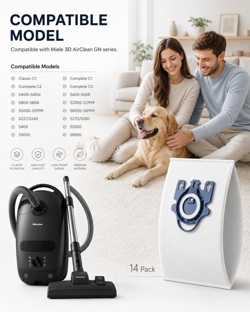 Bluearks 14 حقيبة من أكياس المكنسة الكهربائية ثلاثية الأبعاد Airclean GN، متوافقة مع سلسلة Miele Classic C1 وComplete C1 وC2 وC3 وS400i وS600 وS2 وS5 وS8، مع 4 مرشحات MP و4 مرشحات AC - Image 2
