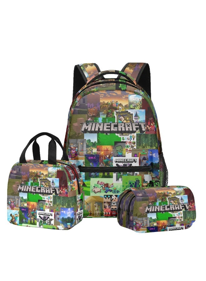 MINECRAFT The new Minecraft backpack lunch bag double-layer pencil case three-piece suit men and women leisure sports travel backpack student school backpack