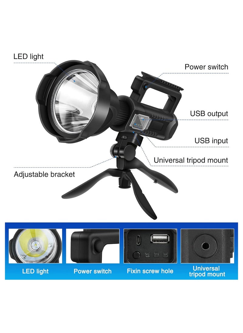 High Brightness Rechargeable LED Flashlight with Tripod Stand and 4 Modes, IPX5 Waterproof, Camping, Home Security, Emergency Flashlight