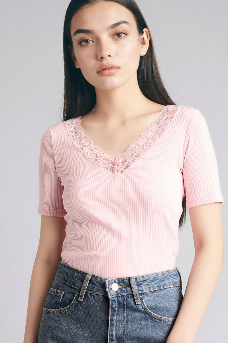 DeFacto Pink Woman 100% Cotton Slim Fit Ribbed Knit T-Shirt Casual - Image 1