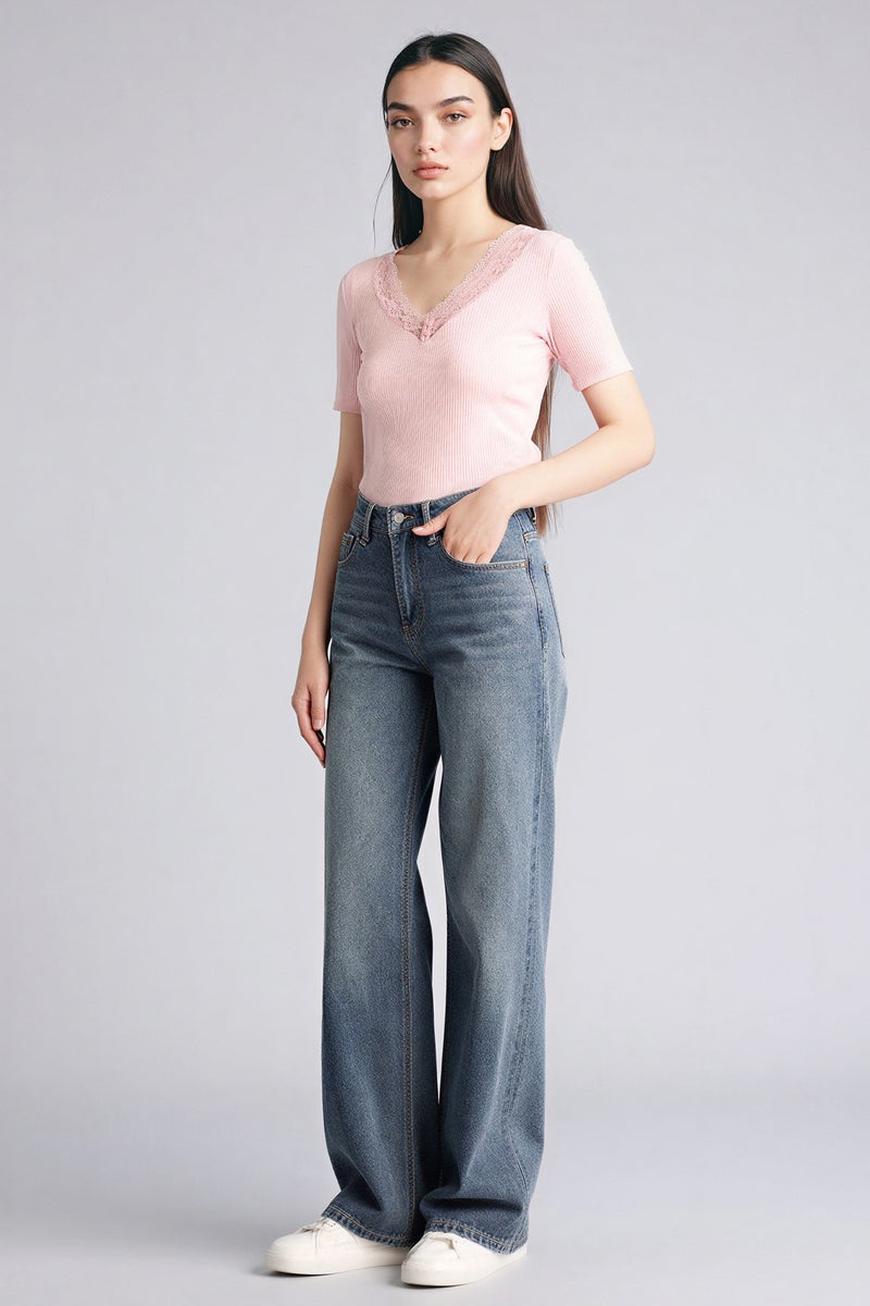 DeFacto Pink Woman 100% Cotton Slim Fit Ribbed Knit T-Shirt Casual - Image 2