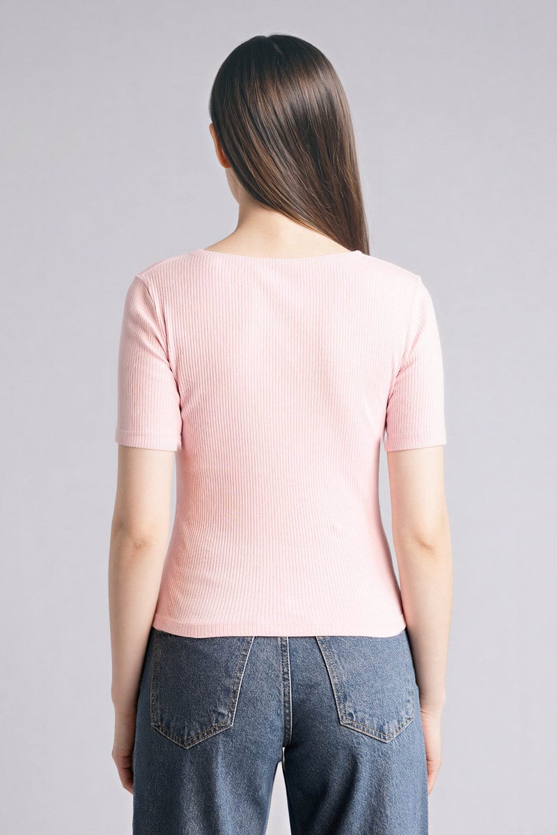 DeFacto Pink Woman 100% Cotton Slim Fit Ribbed Knit T-Shirt Casual - Image 5