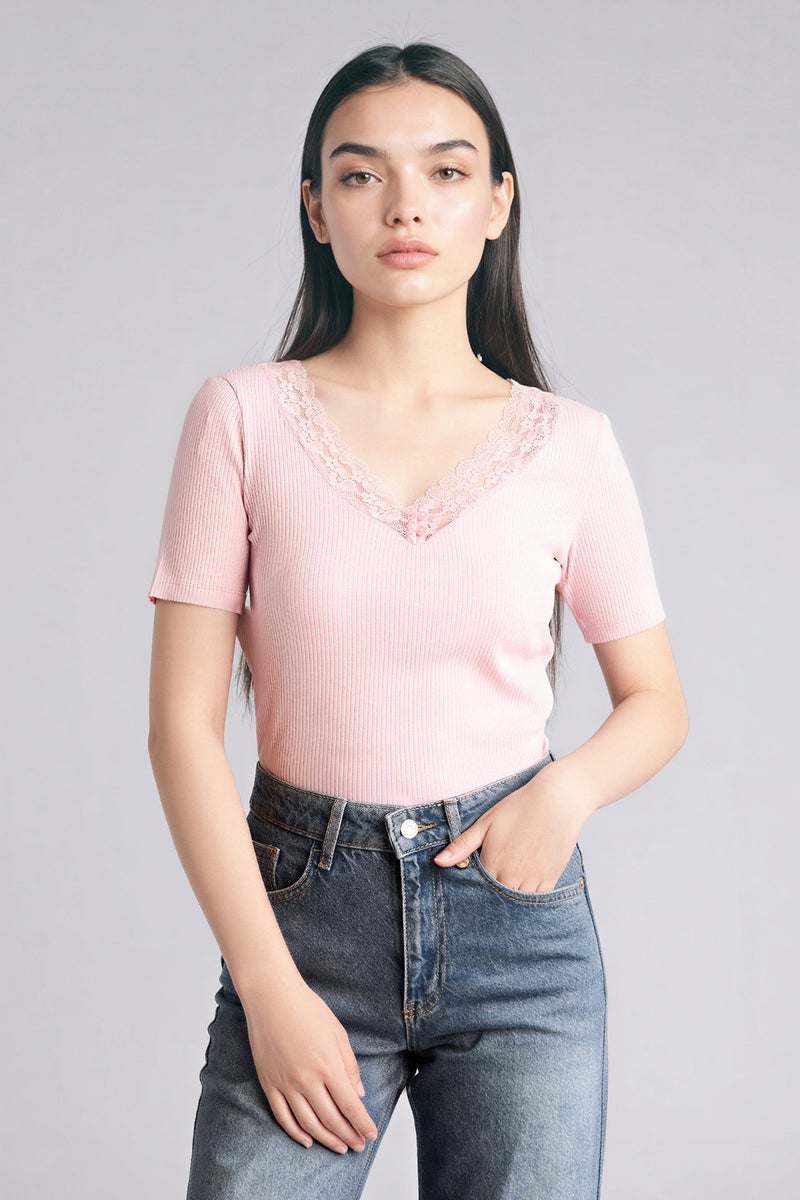 DeFacto Pink Woman 100% Cotton Slim Fit Ribbed Knit T-Shirt Casual - Image 3