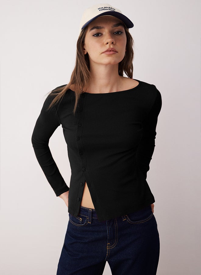 trendyol Black Button Crew Neck Bodycon Ribbed Stretchy Knitted Blouse - Image 1