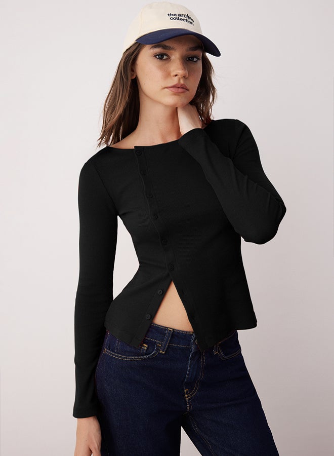 trendyol Black Button Crew Neck Bodycon Ribbed Stretchy Knitted Blouse - Image 2