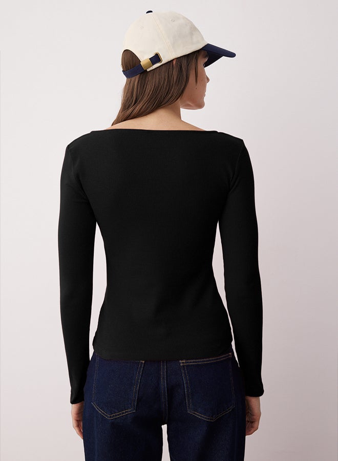 trendyol Black Button Crew Neck Bodycon Ribbed Stretchy Knitted Blouse - Image 4